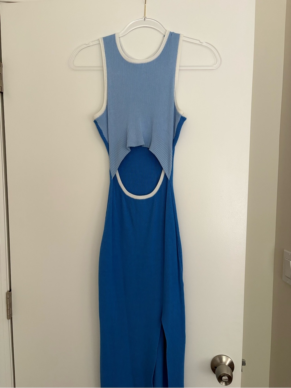 Ribbed Blue Two-Tone Cutout Midi Dress